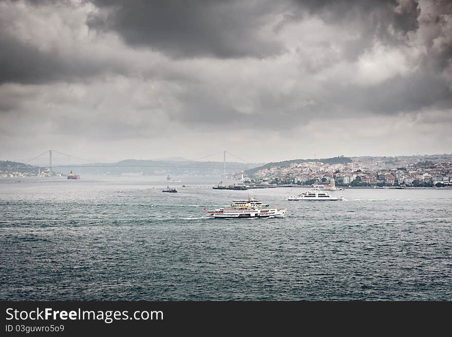 Dark clouds over Bosphorus, border between Europe and Asia