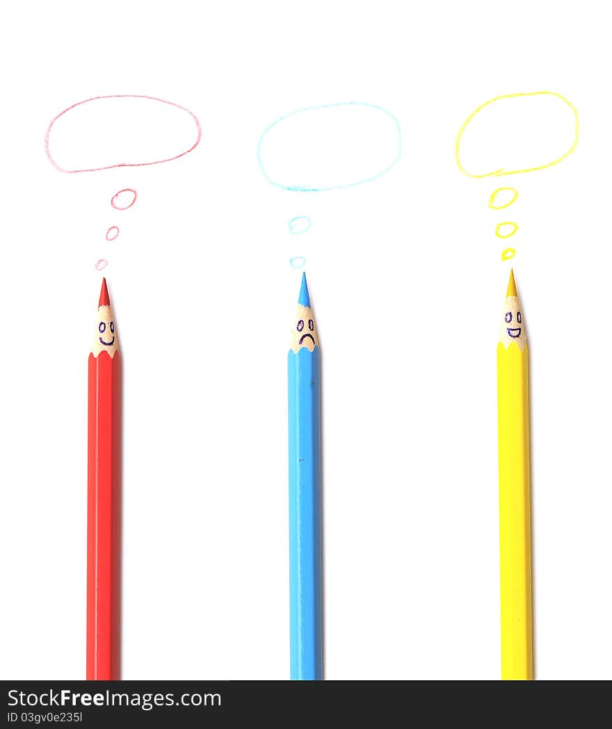 Happy group of pencil faces as social network with speech bubbles