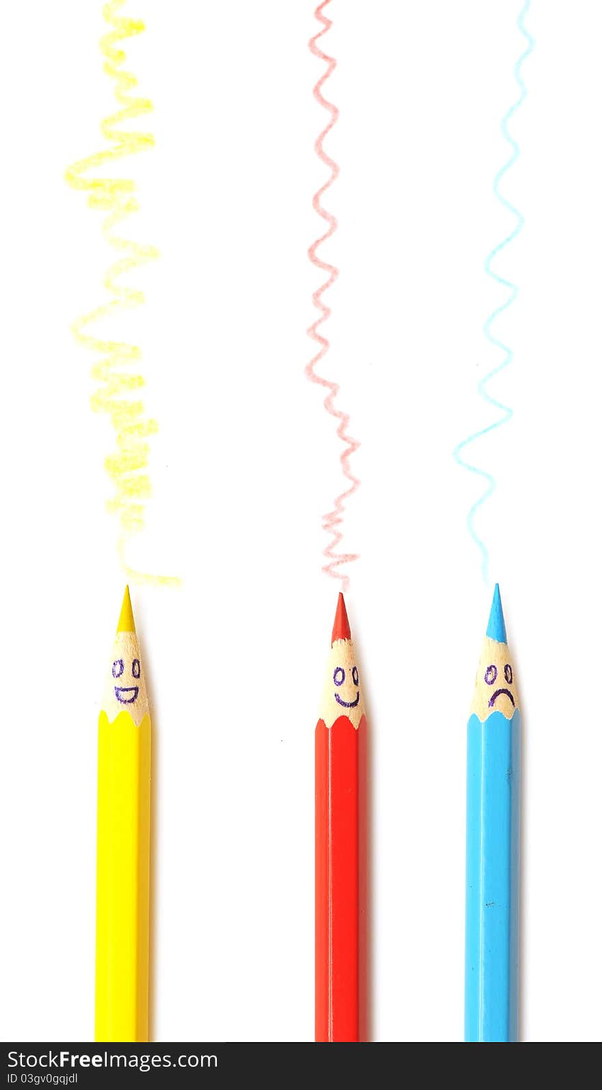 Happy group of pencil faces on white