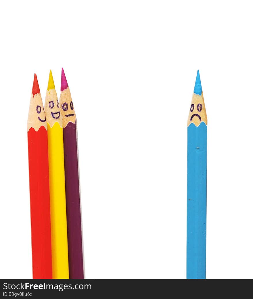 Happy group of pencil faces on white