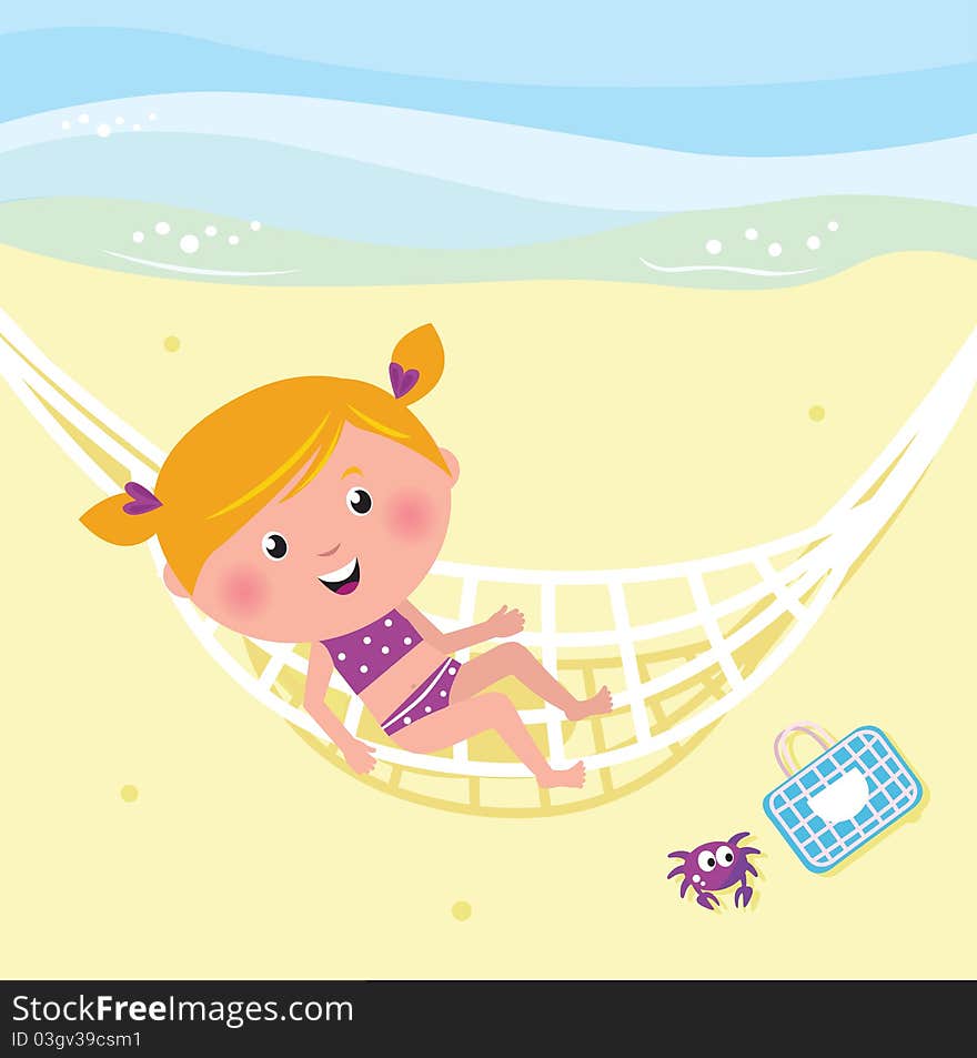 Cute girl relaxing on the beach -  Illustration. Cute girl relaxing on the beach -  Illustration.