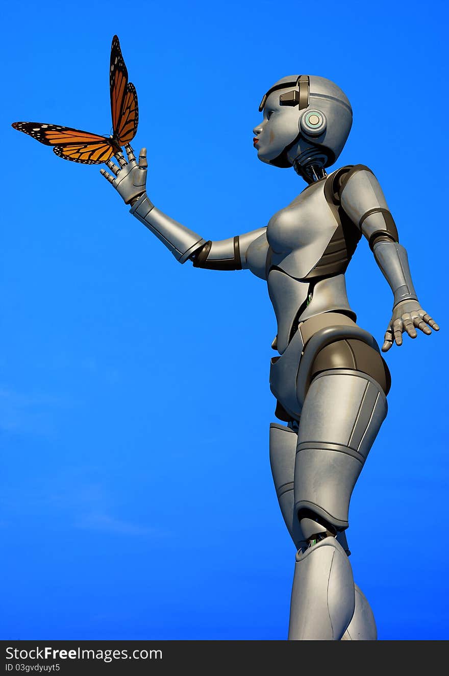 A robot with a butterfly on a blue background. A robot with a butterfly on a blue background.