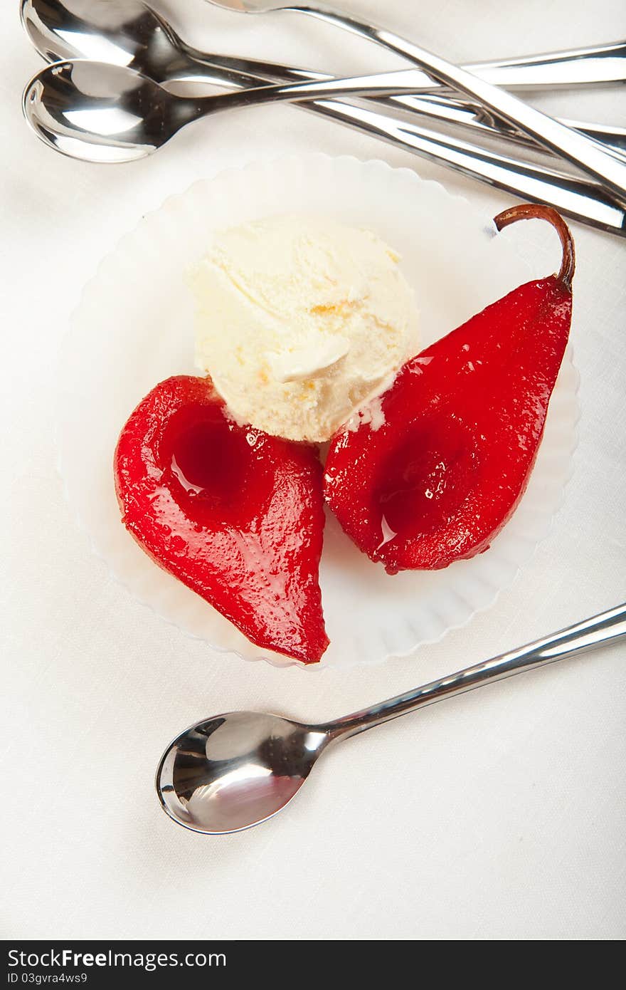 Poached Pears With Ice Cream