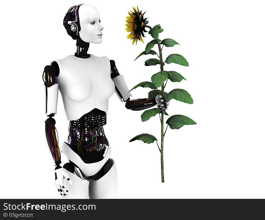 Robot woman holding a sunflower.