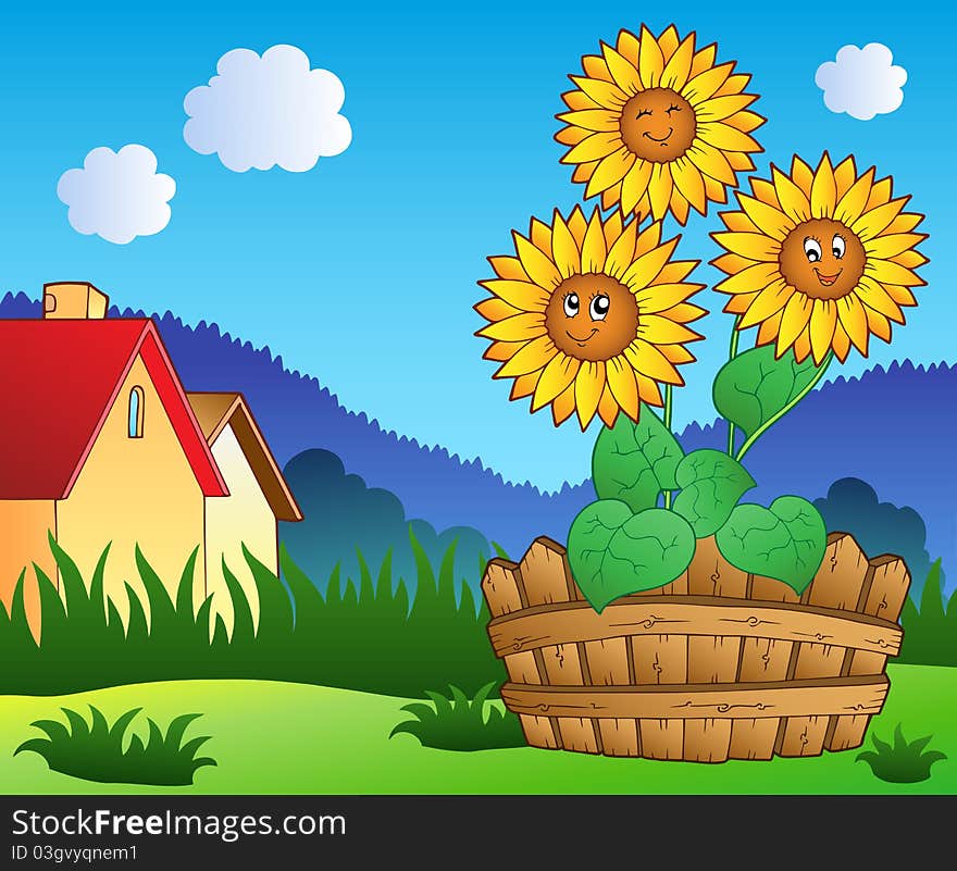 Meadow with three cute sunflowers - illustration.