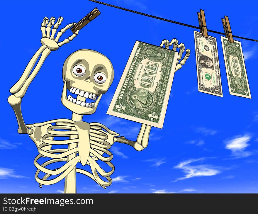 Illustration - cartoon of body skeleton with dollar bills. Theme of money laundering, mafia, gangs, corruption, bribery . Illustration - cartoon of body skeleton with dollar bills. Theme of money laundering, mafia, gangs, corruption, bribery ...