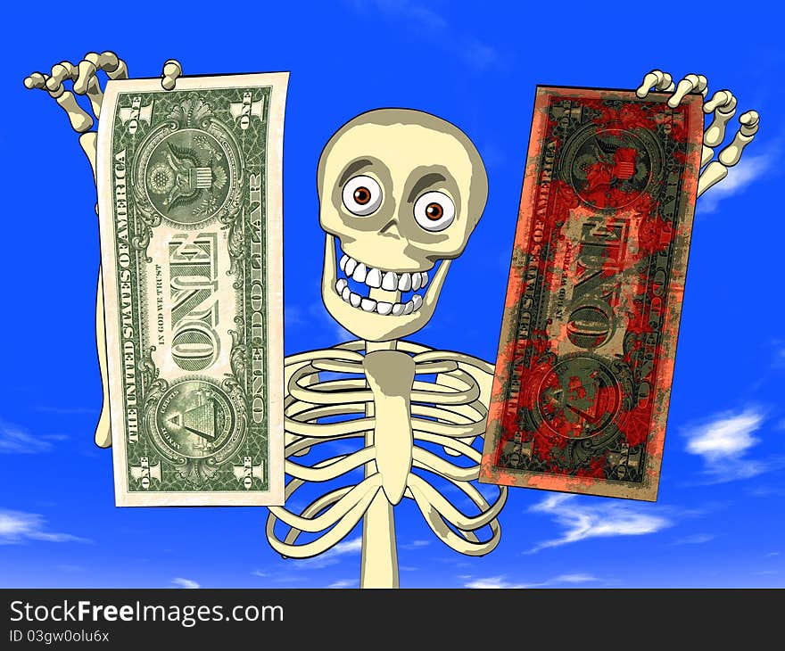 Illustration - cartoon of body skeleton with dollar bills. Theme of money laundering, mafia, gangs, corruption, bribery . Illustration - cartoon of body skeleton with dollar bills. Theme of money laundering, mafia, gangs, corruption, bribery ...