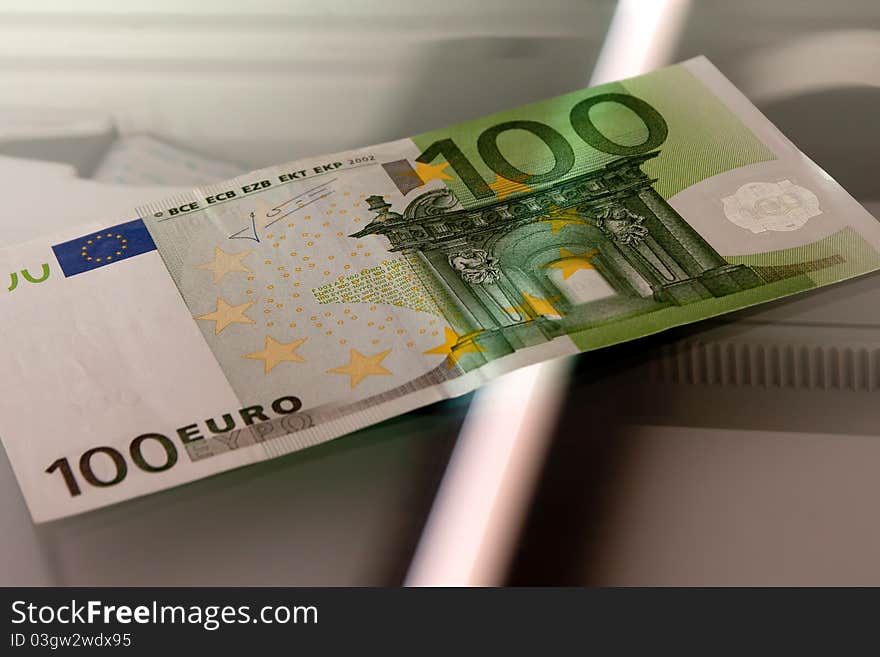 Hundred euro bill on copying machine. Hundred euro bill on copying machine