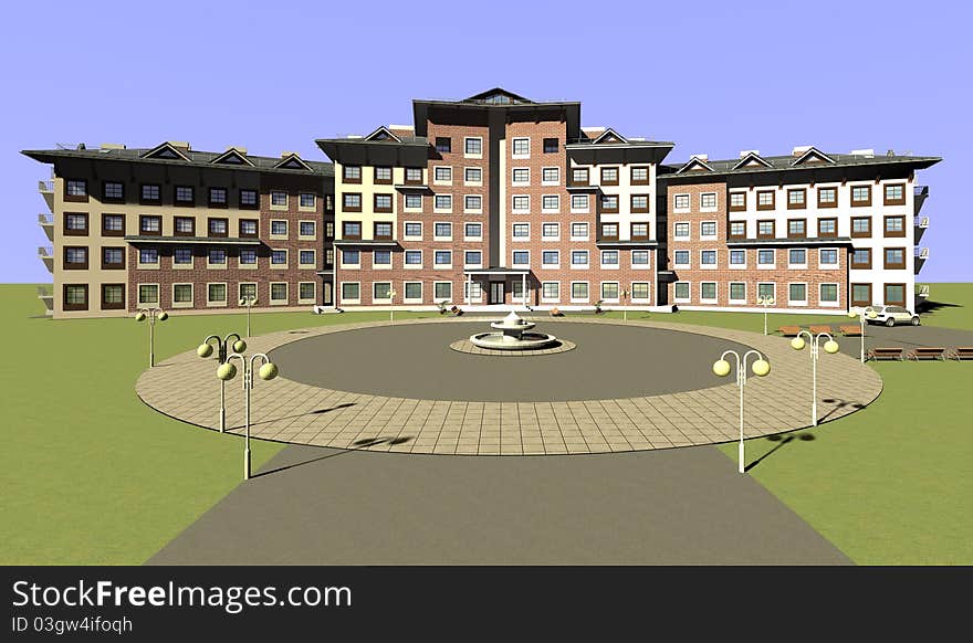 Render the hotel group, with an entry and parking. Render the hotel group, with an entry and parking