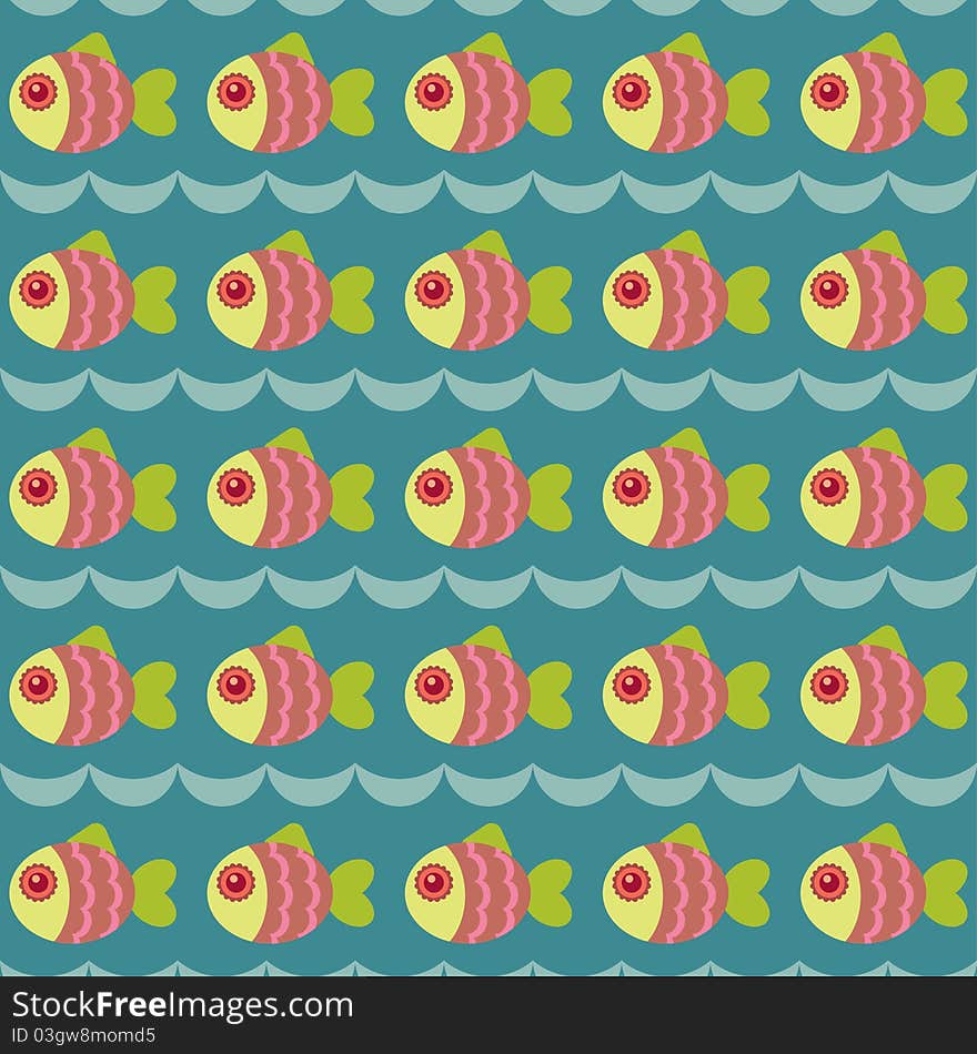 Seamless wallpaper with wave and cute fish