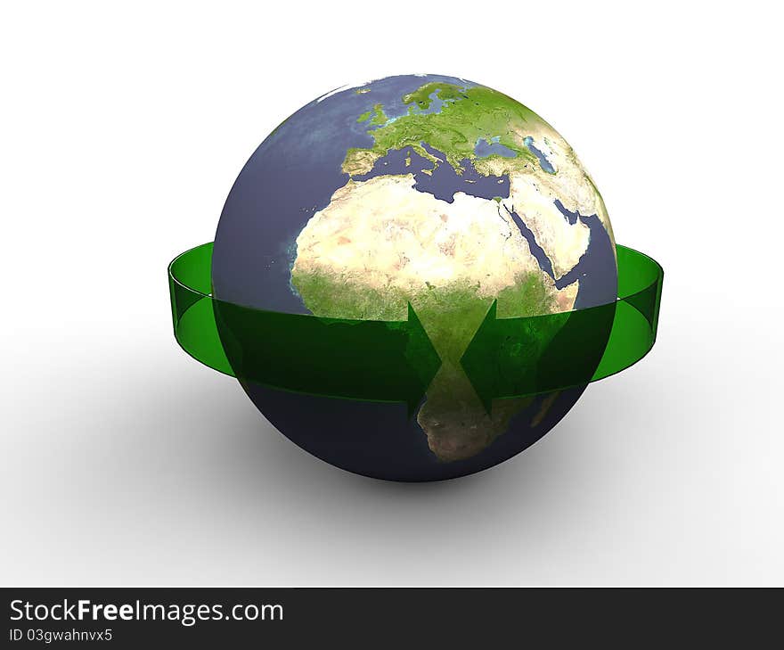 3d illustration of our planet earth with green arrows ans circles which are the preserve. 3d illustration of our planet earth with green arrows ans circles which are the preserve