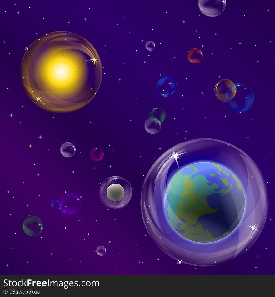 Abstract background, space: planet mother Earth, moon, sun and stars in transparent bubbles. Abstract background, space: planet mother Earth, moon, sun and stars in transparent bubbles