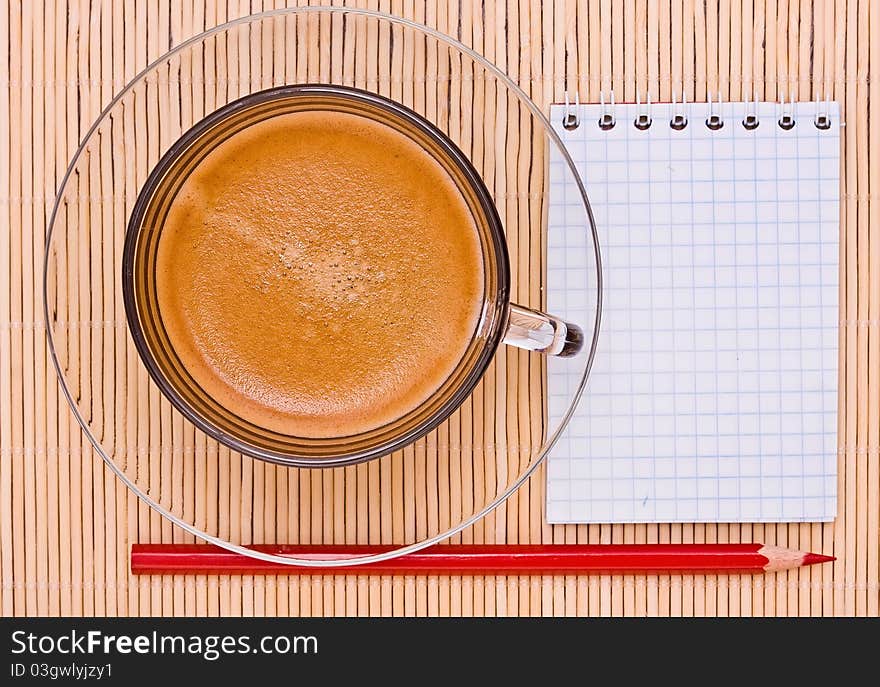 Coffee, red pen and empty place for your text