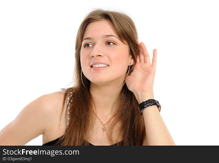 Young woman listening gossip isolated on white background