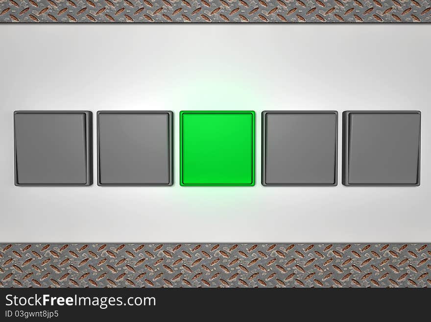 A green light switch with four gray light switches and metal background