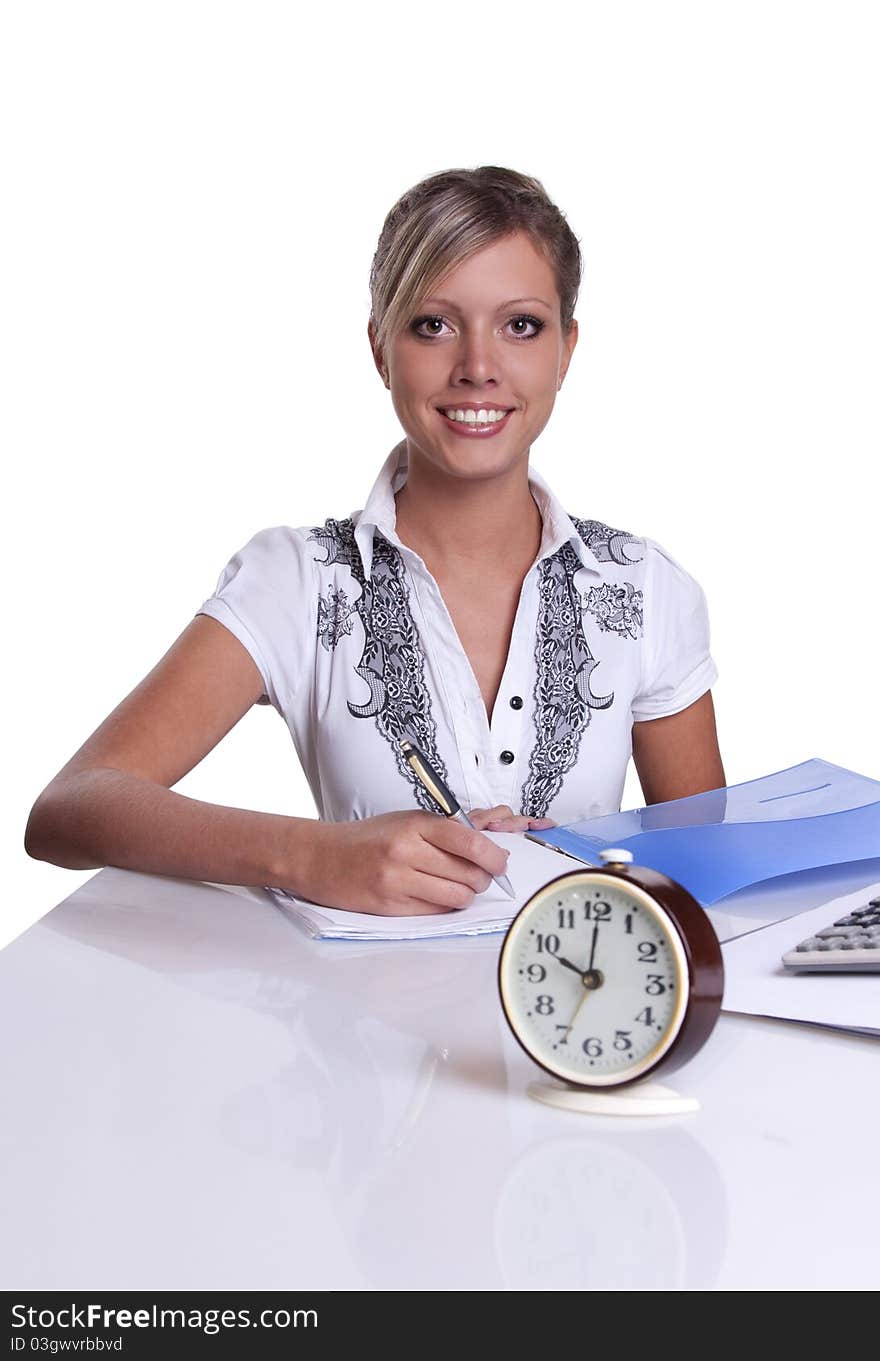 Businesswoman sitting at table with documents isolated on white