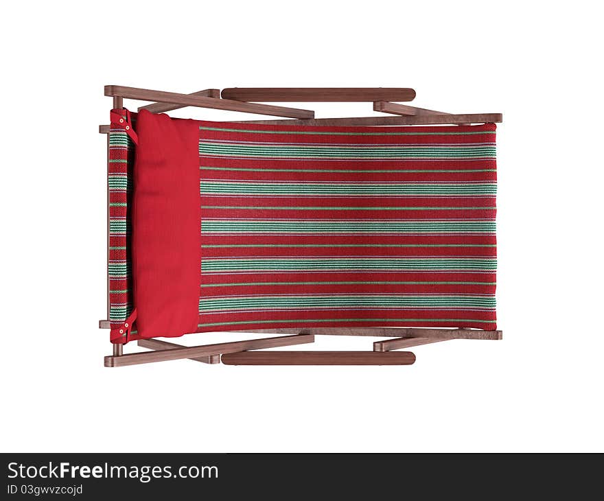 Striped comfortable wooden chaise lounge with red pillow on white background