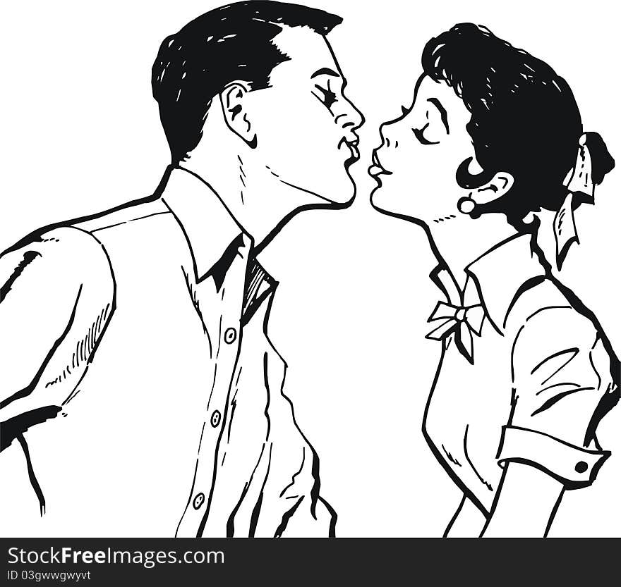 Black and white illustration of a pair of lovers kissing. Black and white illustration of a pair of lovers kissing