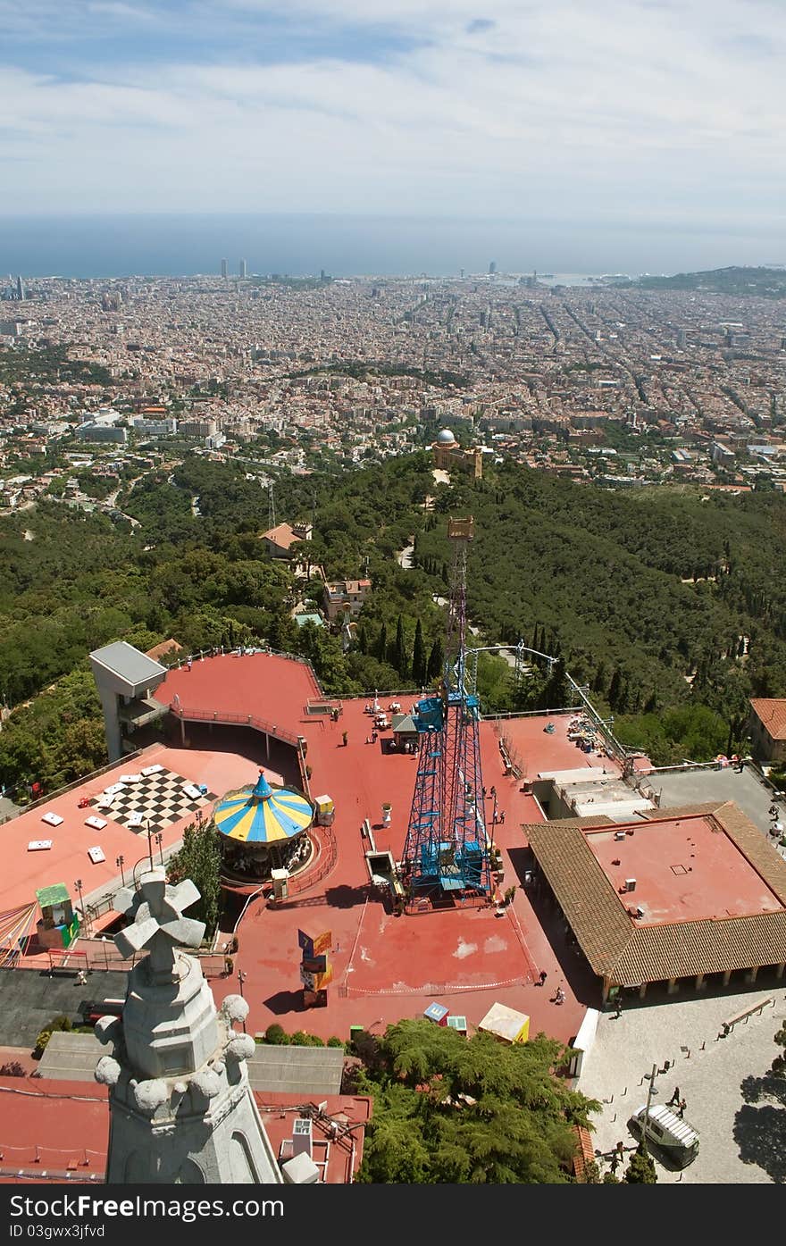 Panorama Barcelona, Tibidabo mountain attraction. Panorama Barcelona, Tibidabo mountain attraction