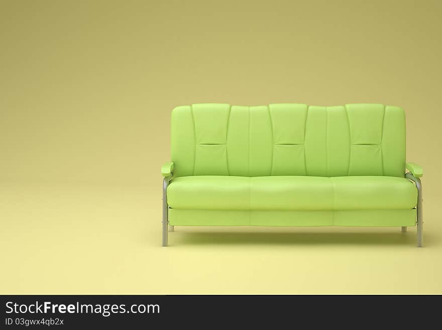 Green sofa in the yellow room with soft lighting