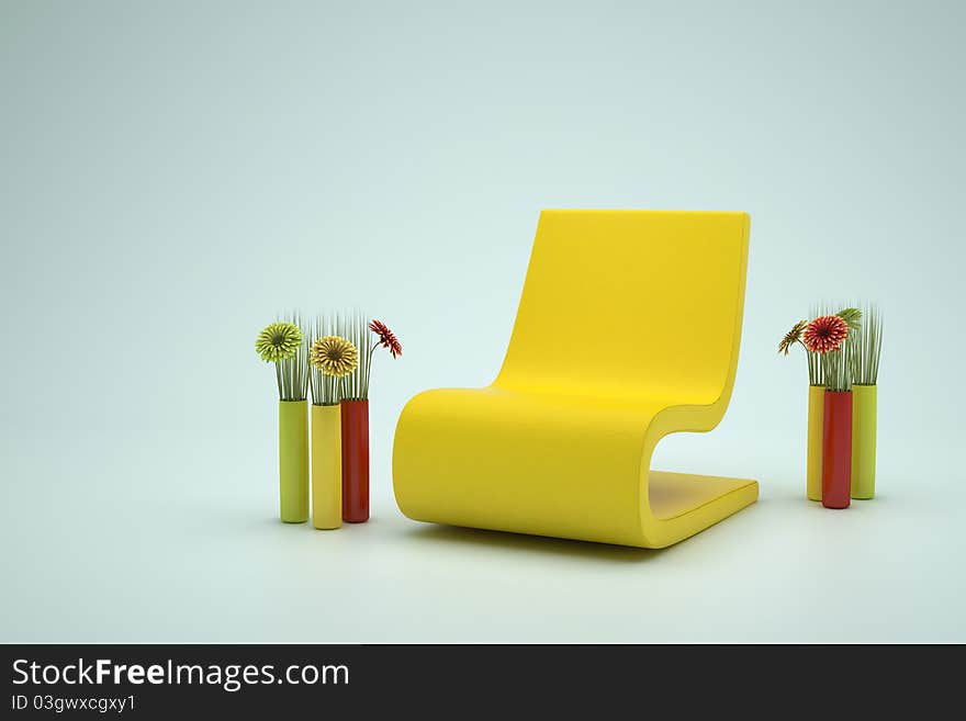 Yellow leather chair and flowers