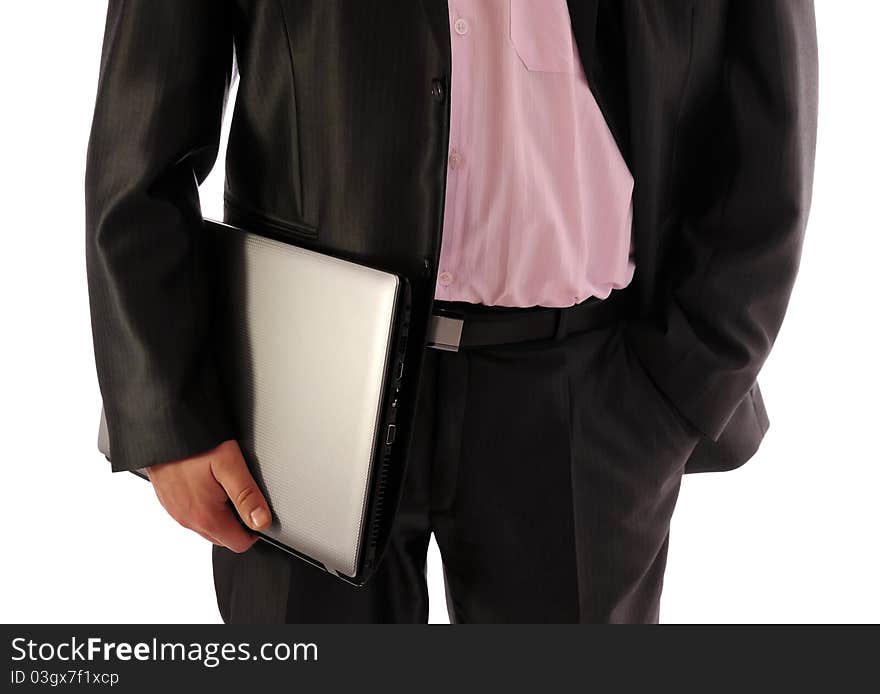 Businessman Holding Laptop- Front View