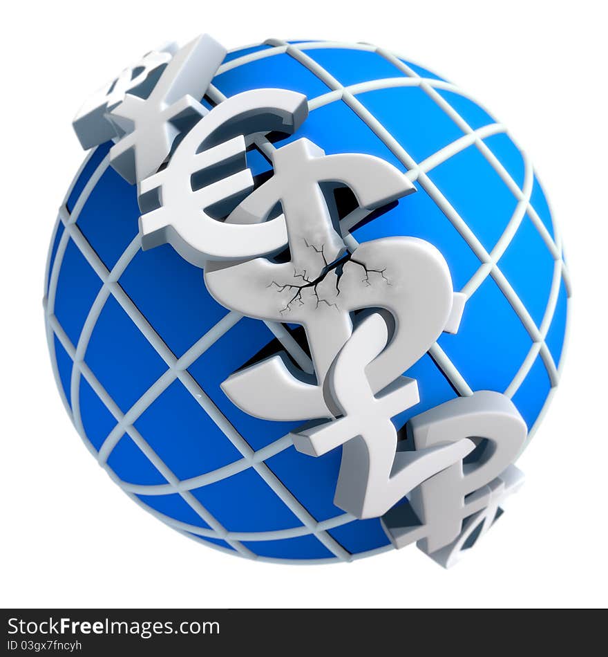 Cracked dollar sign as a weak link in the chain of currencies of the World. Cracked dollar sign as a weak link in the chain of currencies of the World