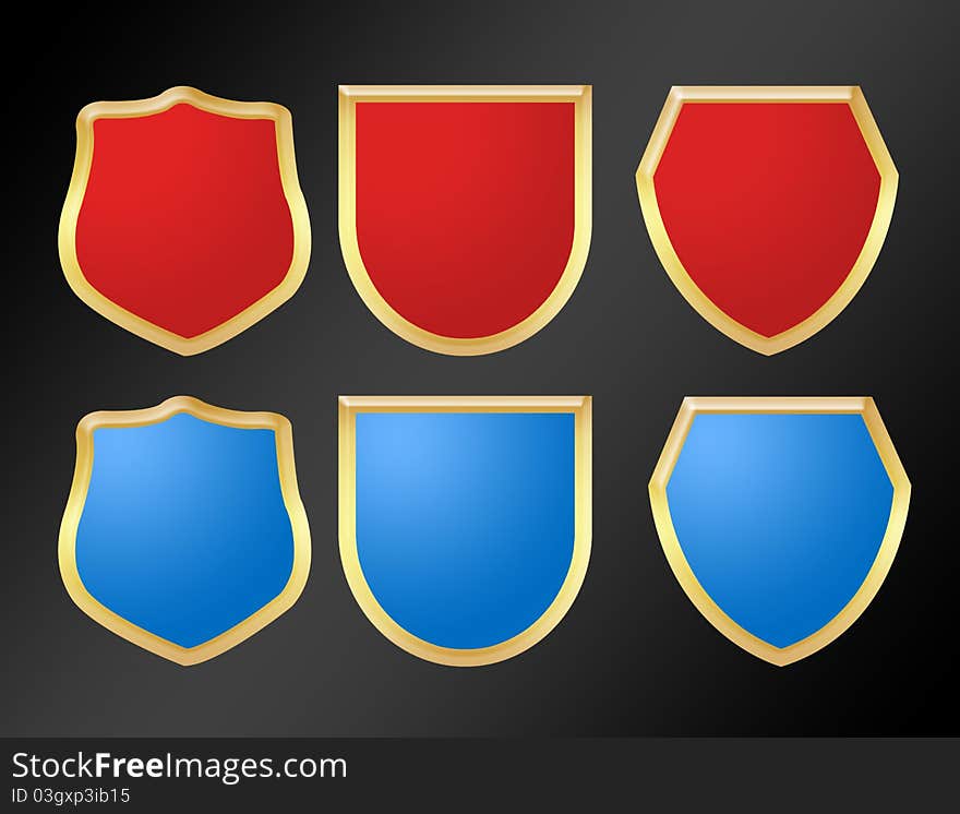 Red and blue symbols with gold edge over black background