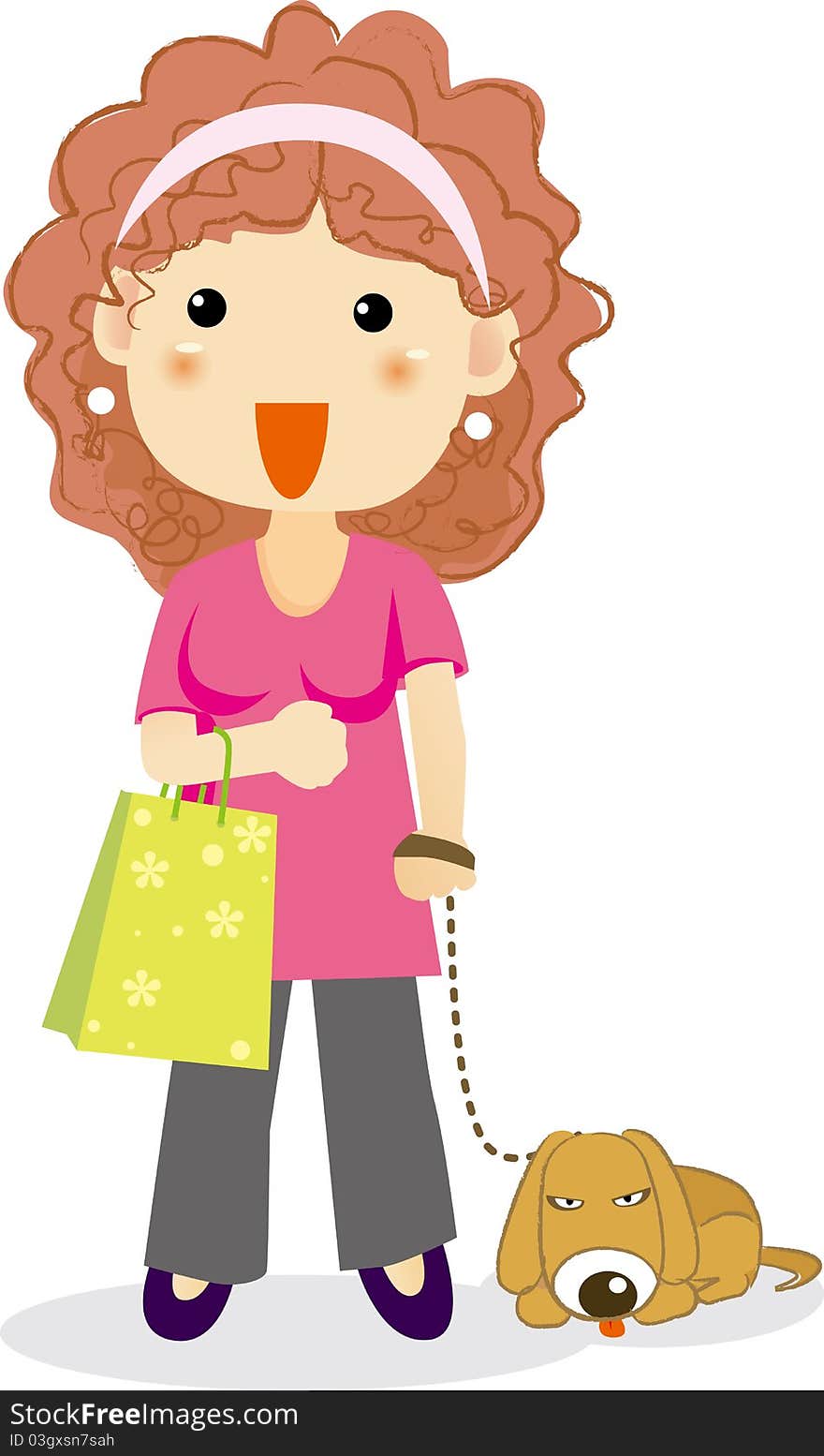 Woman holding shopping bags with a dog. Woman holding shopping bags with a dog