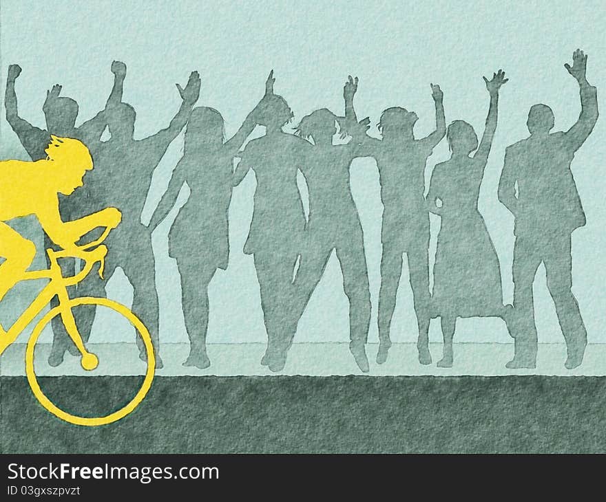 Watercolor painting of aleading cyclist with crowd. Watercolor painting of aleading cyclist with crowd