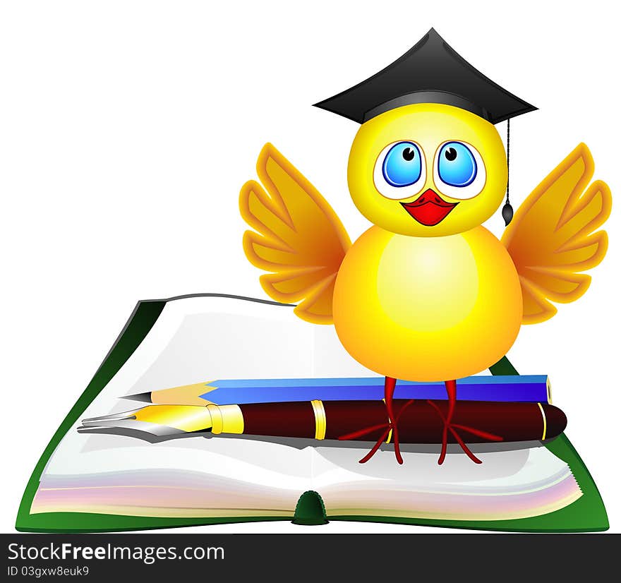 Chicken with graduating cap standing on open book. Chicken with graduating cap standing on open book