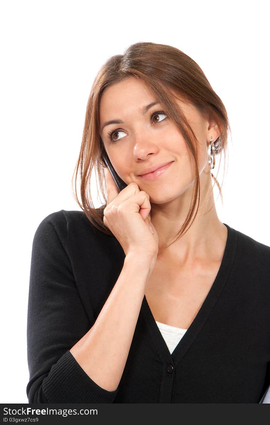 Business brunette woman talking on cellular mobile phone isolated on a white background. Business brunette woman talking on cellular mobile phone isolated on a white background