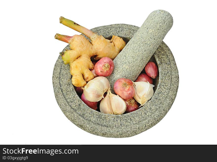 Granite Mortar And Pestle With Ginger ,Red Onions And Garlic