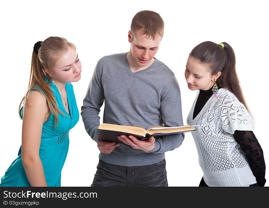 Three young men are preparing for the exam at school. Isolated on white background