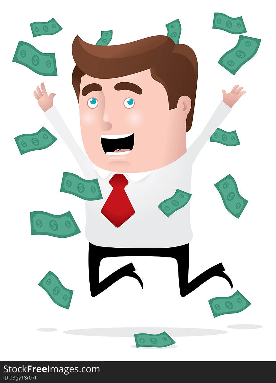 Businessman jumping in joy with a lot of money surrounding. Fully editable eps file format. Businessman jumping in joy with a lot of money surrounding. Fully editable eps file format.