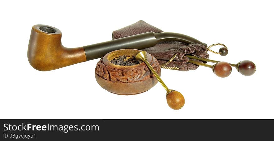 Tobacco pipe, snuffbox and tobacco accessory isolated on white.