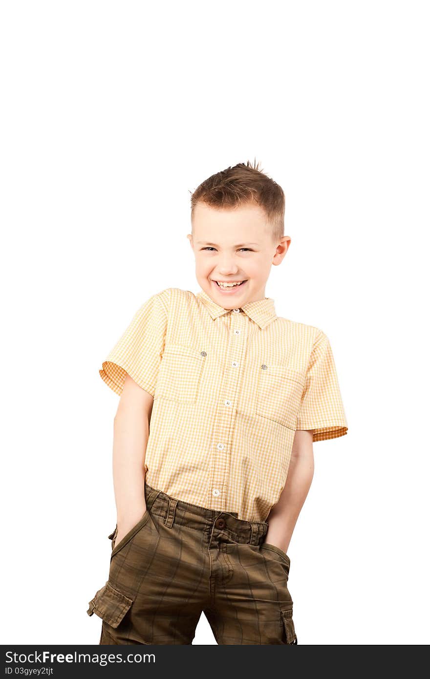 A close-up shot of a boy laughing, isolated on a white. A close-up shot of a boy laughing, isolated on a white