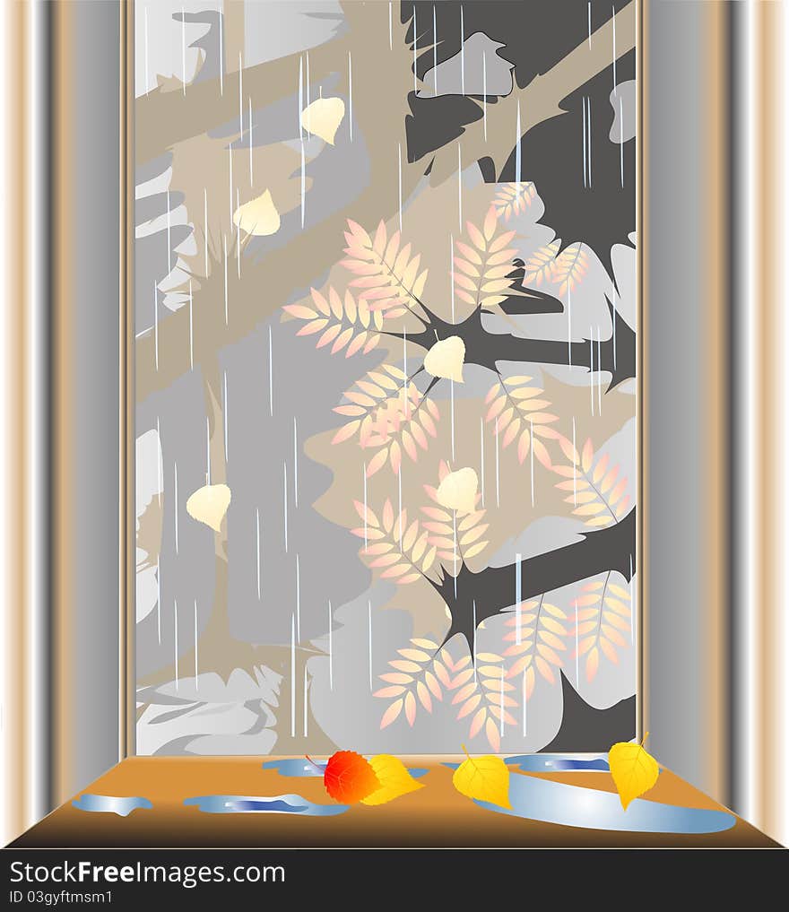 Window in which the views of the autumn leaves fall garden, the rain. Window in which the views of the autumn leaves fall garden, the rain