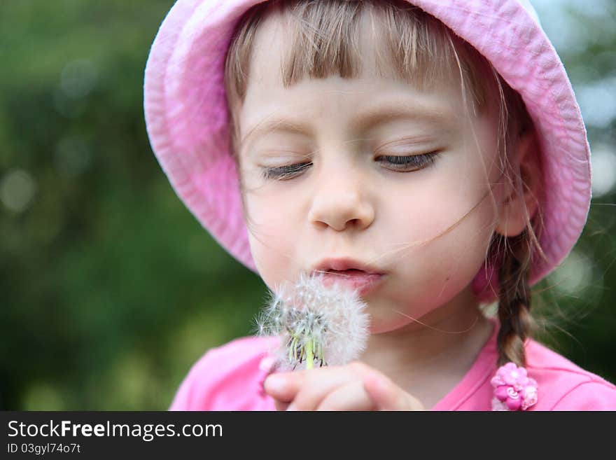 Beautiful little girl on a lawn with dandelions