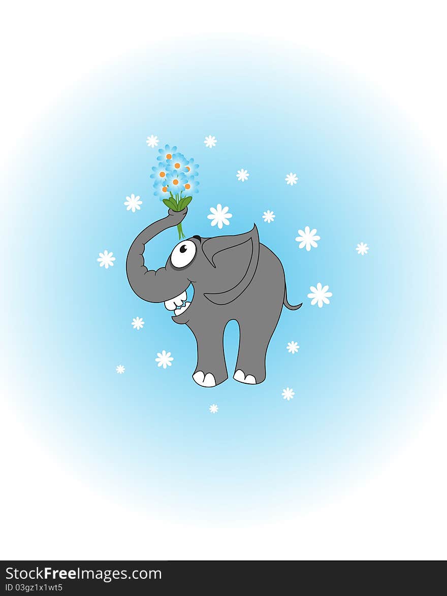 Funny elephant with a bouquet of daisies. Funny elephant with a bouquet of daisies