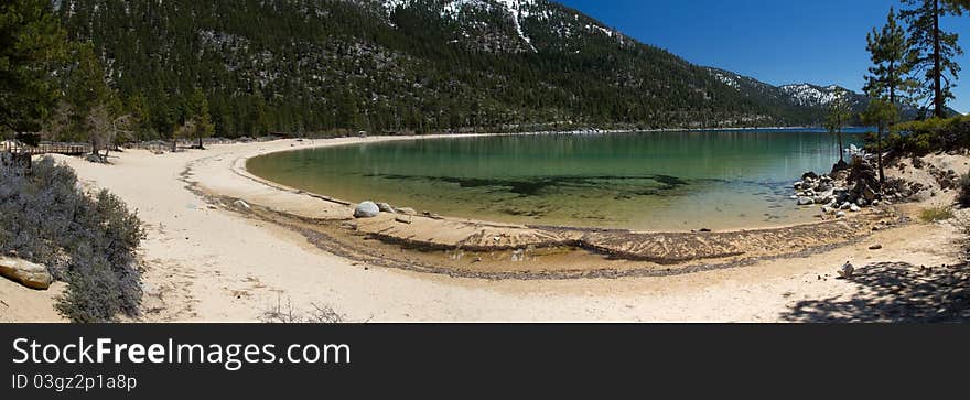 Panorama of Sand Harbor beach, Lake Tahoe USA