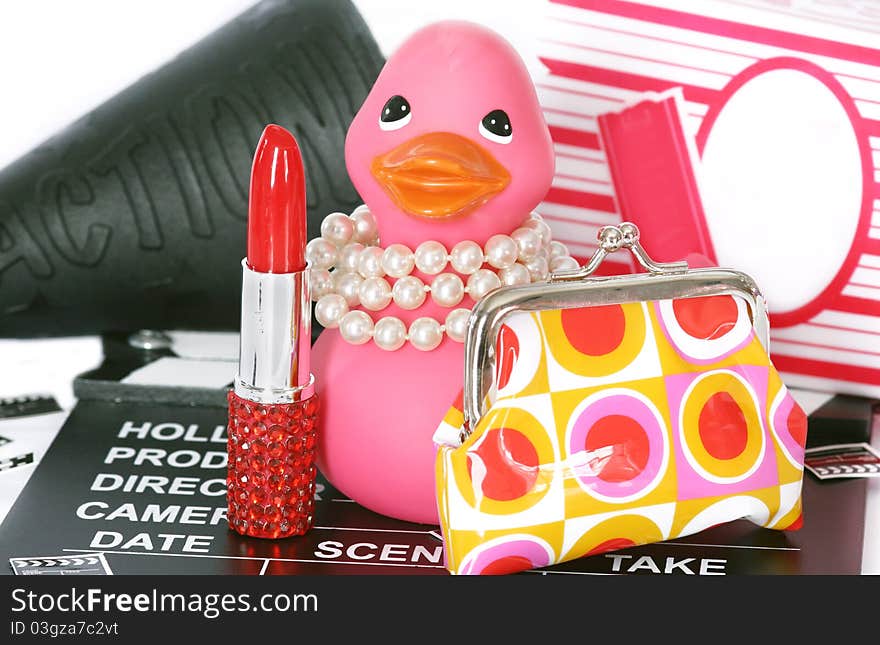 Pink rubber duck with movie props. Pink rubber duck with movie props