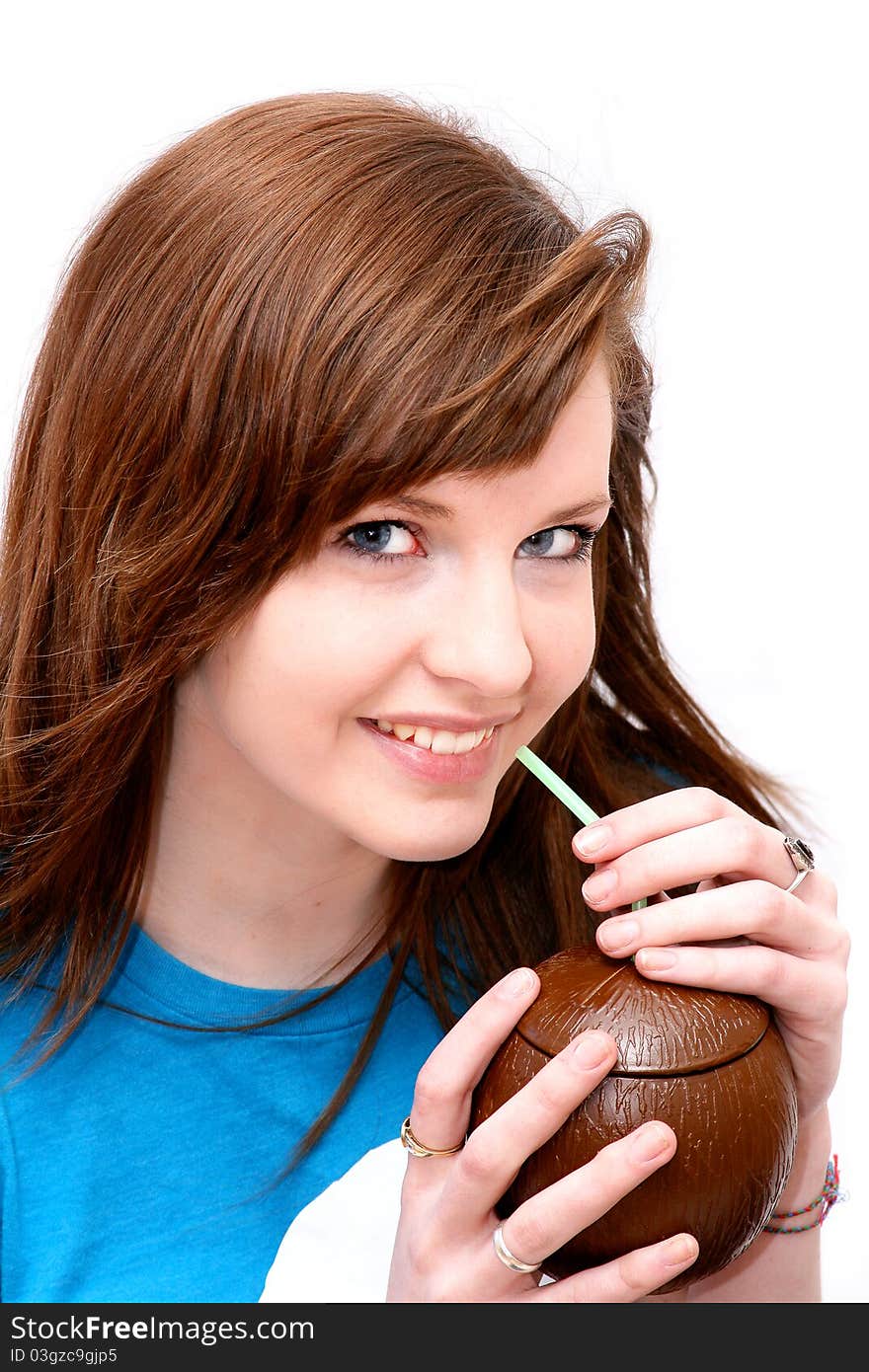 Teen with coconut drink container. Teen with coconut drink container