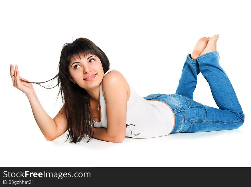 Isolated on white young woman lying on the floor