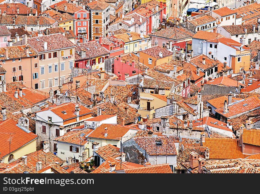 Bird eye view of buildings in Rovinj old town, Croatia