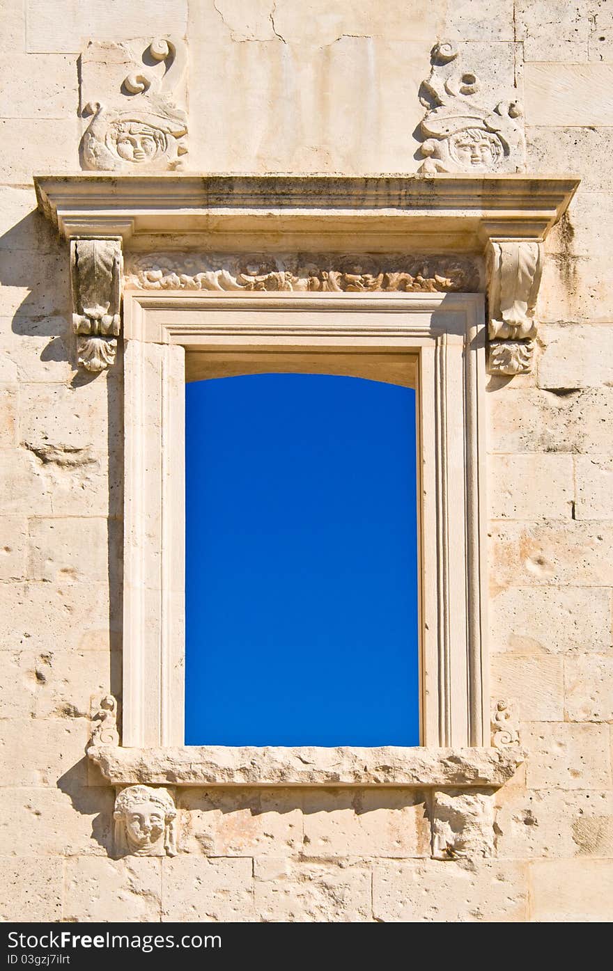 Antic window with backround blue sky. Landmarks in Croatia. Antic window with backround blue sky. Landmarks in Croatia