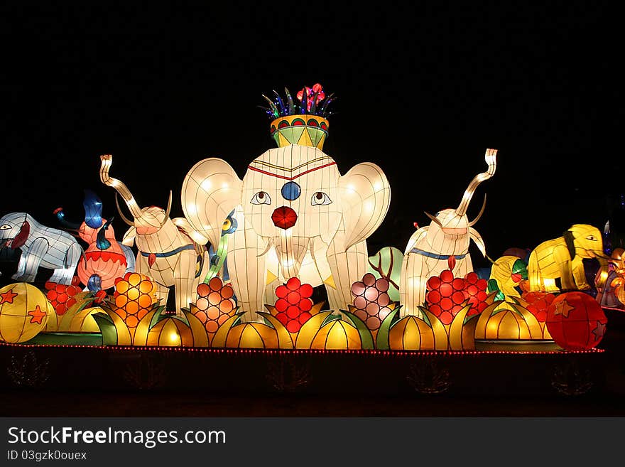 The Elephant lantern at night.