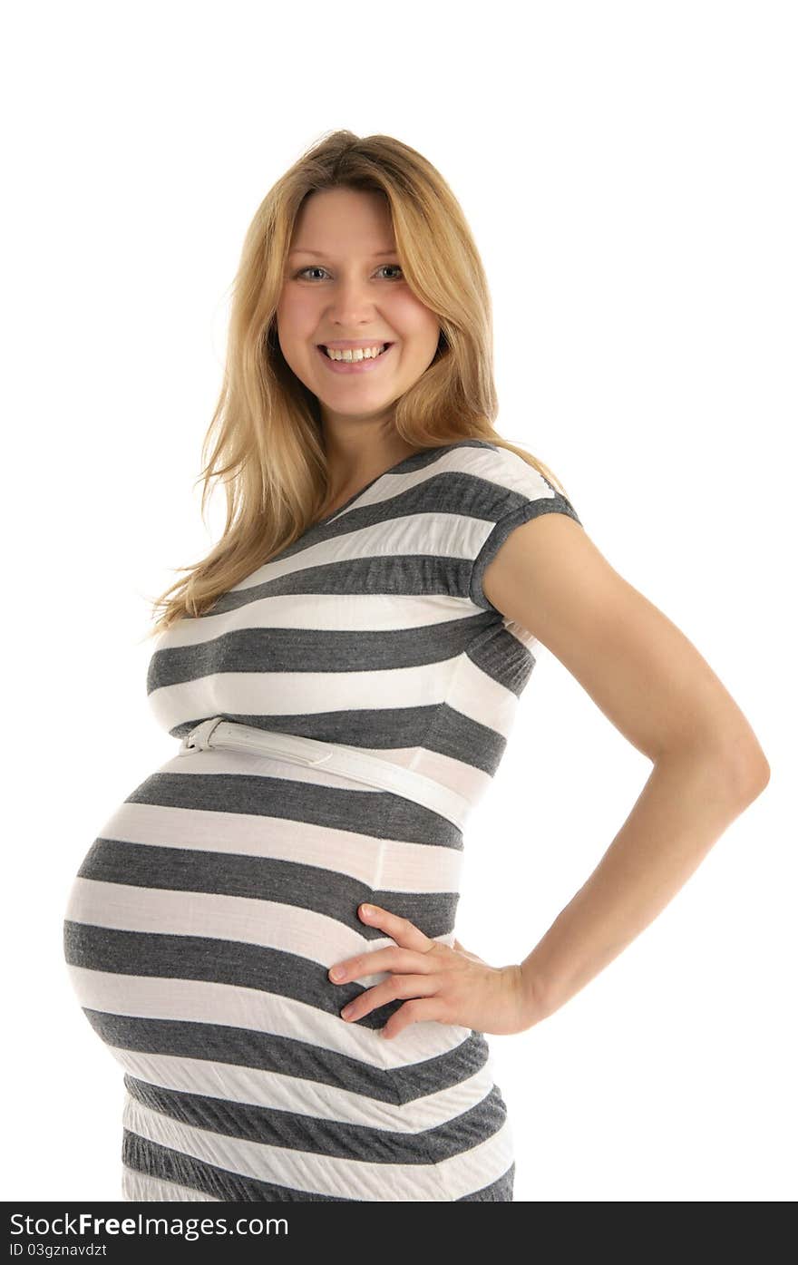 Happy Pregnant Woman In Striped Dress