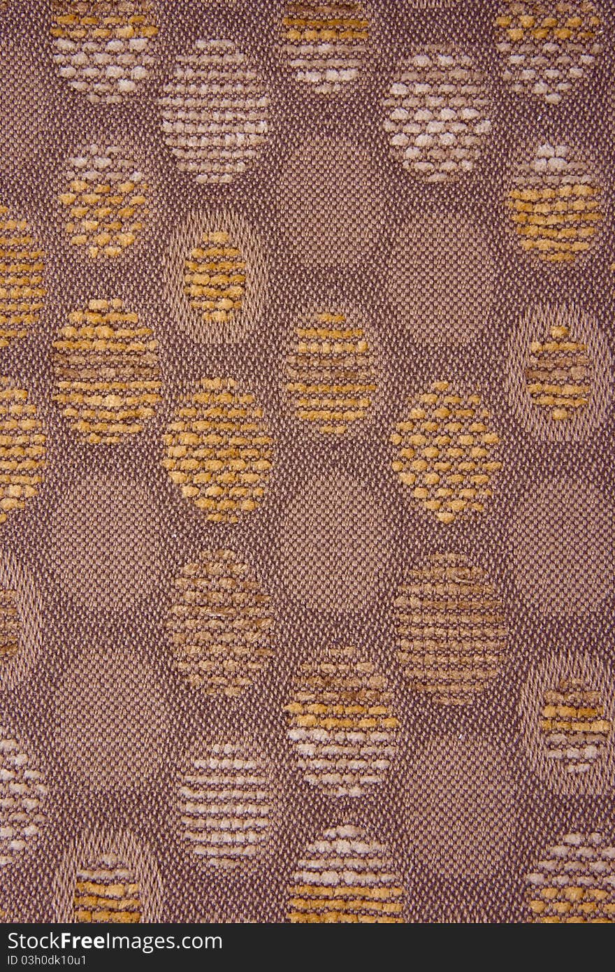 Brown Upholstery Textile Material with Yellow and Brown Circles. Brown Upholstery Textile Material with Yellow and Brown Circles