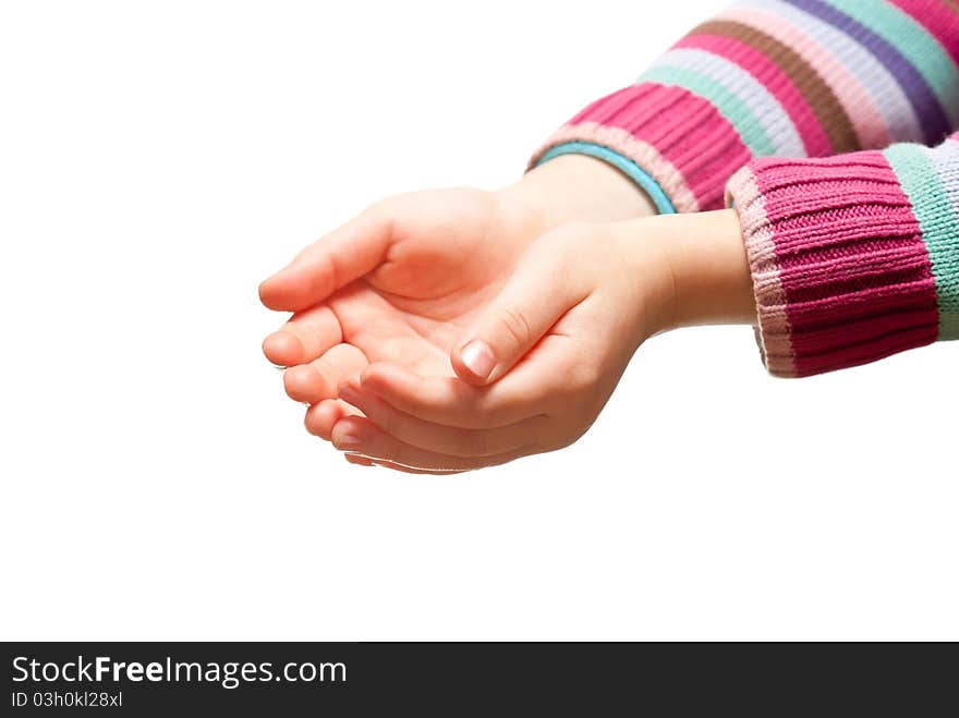 Little gilr's hands open. Isolated on white background